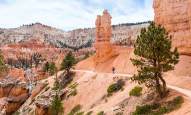 Hiker woman in Bryce Canyon hiking looking and enjoying view during her hike wearing hikers backpack. Bryce Canyon National Park landscape, Utah, United States.